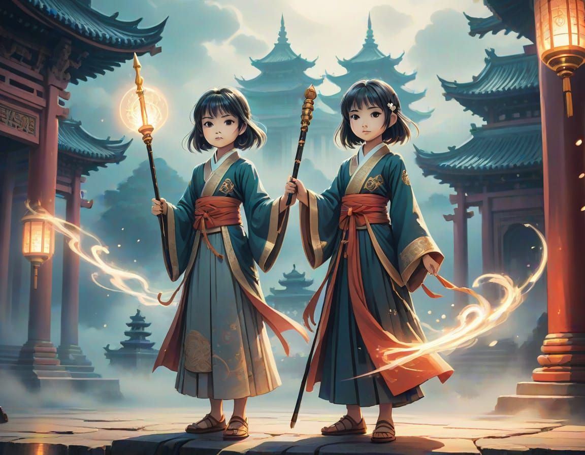 Regal Anime Guardian Maiden Before Ancient Temple