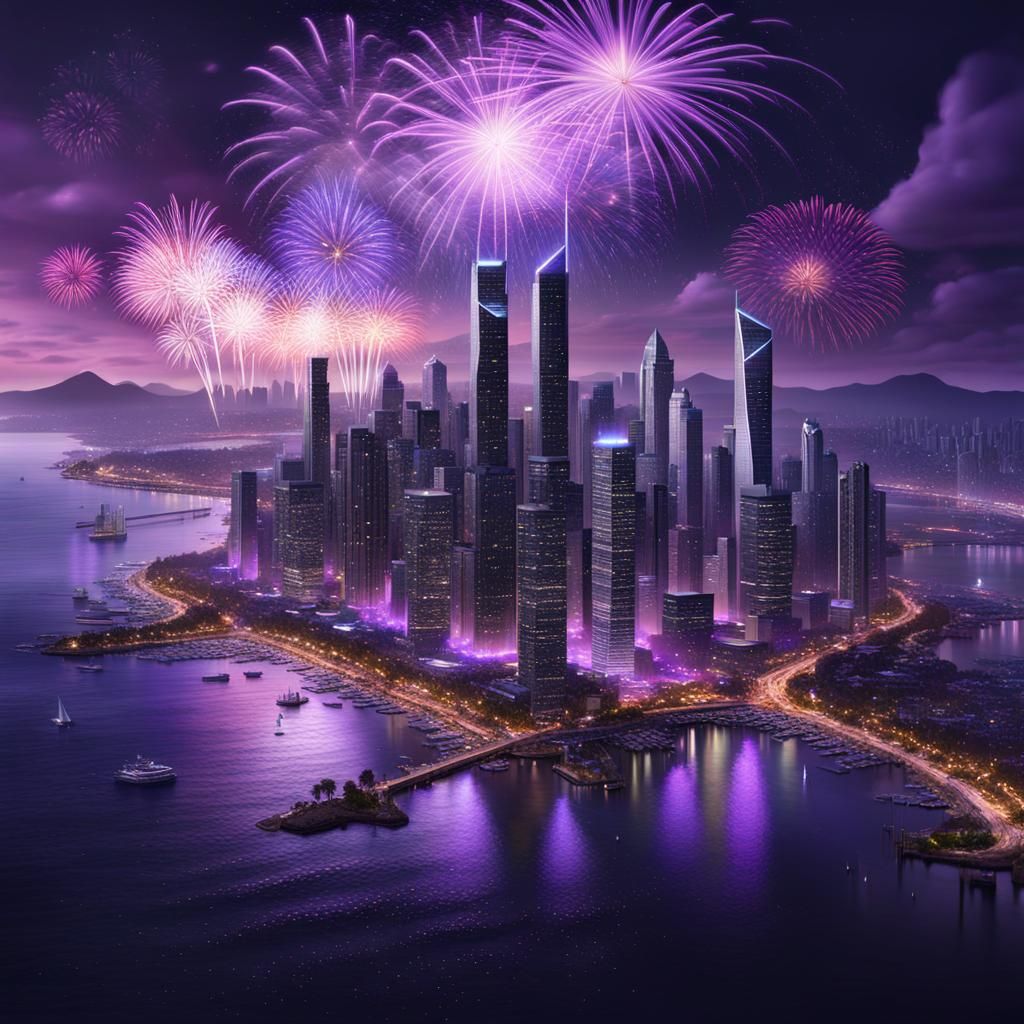 Night Cityscape with Fireworks, Fantasy Art