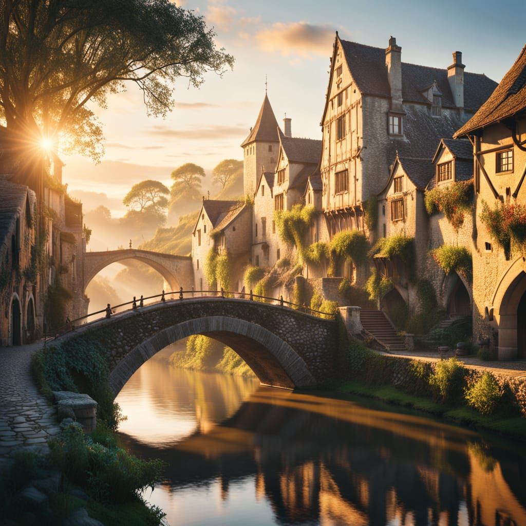Massive Medieval Stone Bridge at Sunrise Digital Painting