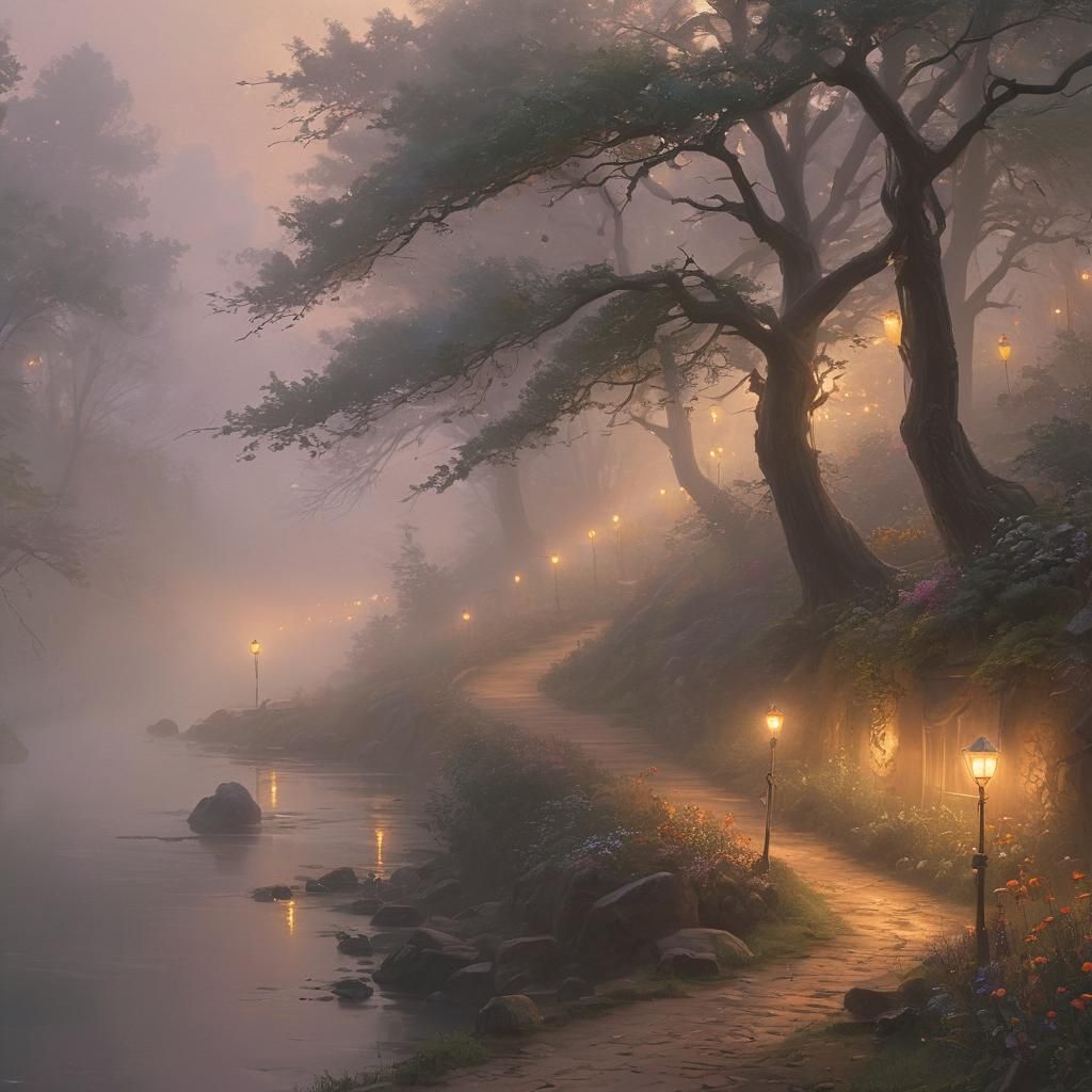 Ethereal Fantasy Traveler on Misty Road