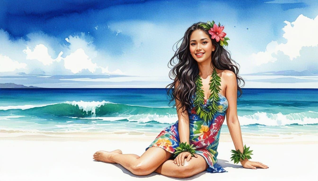 Hawaiian Hula Dancer on Beach in Watercolor Style