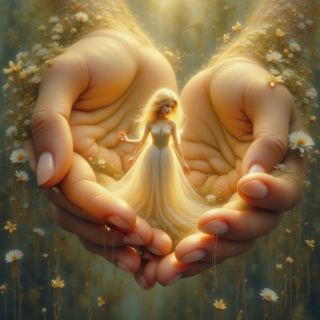 Giant Celestial Hands Hold a Tiny Blonde Woman in a Cosmic S...