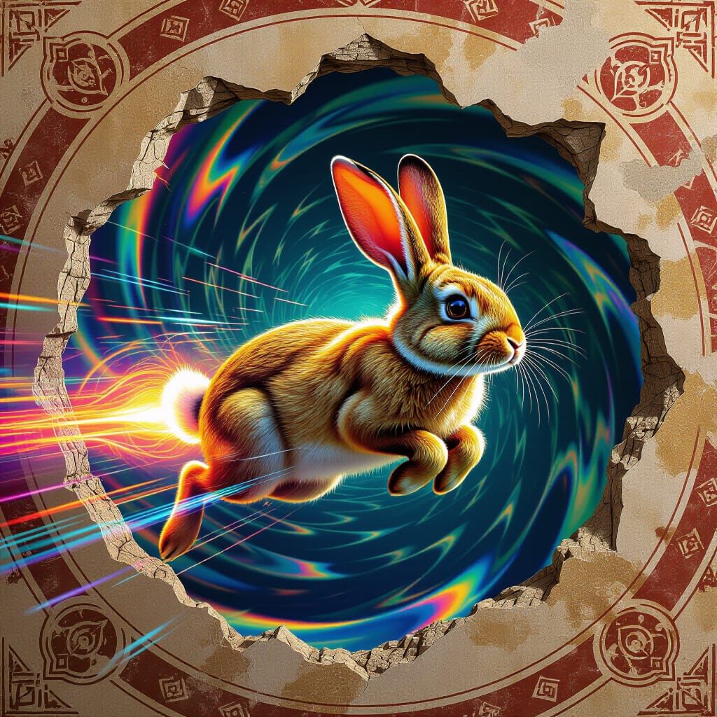Gilded Bunny Speeds Through Psychedelic Fresco
