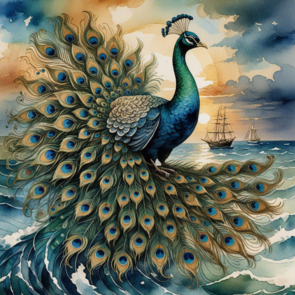 Sailing Ship with Majestic Peacock Figurehead in Romantic Wa...