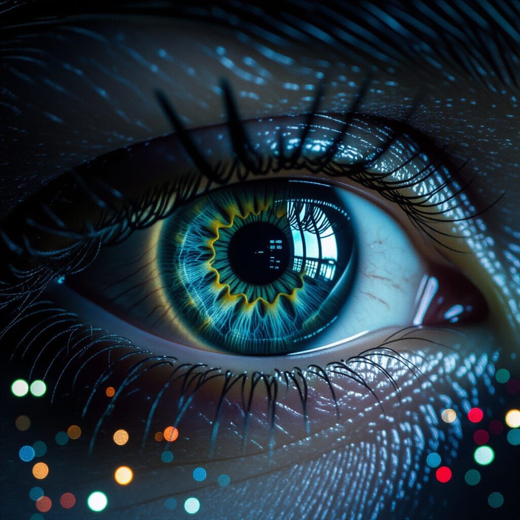 Eye Iris Reflecting City Lights, Cinematic Film Still