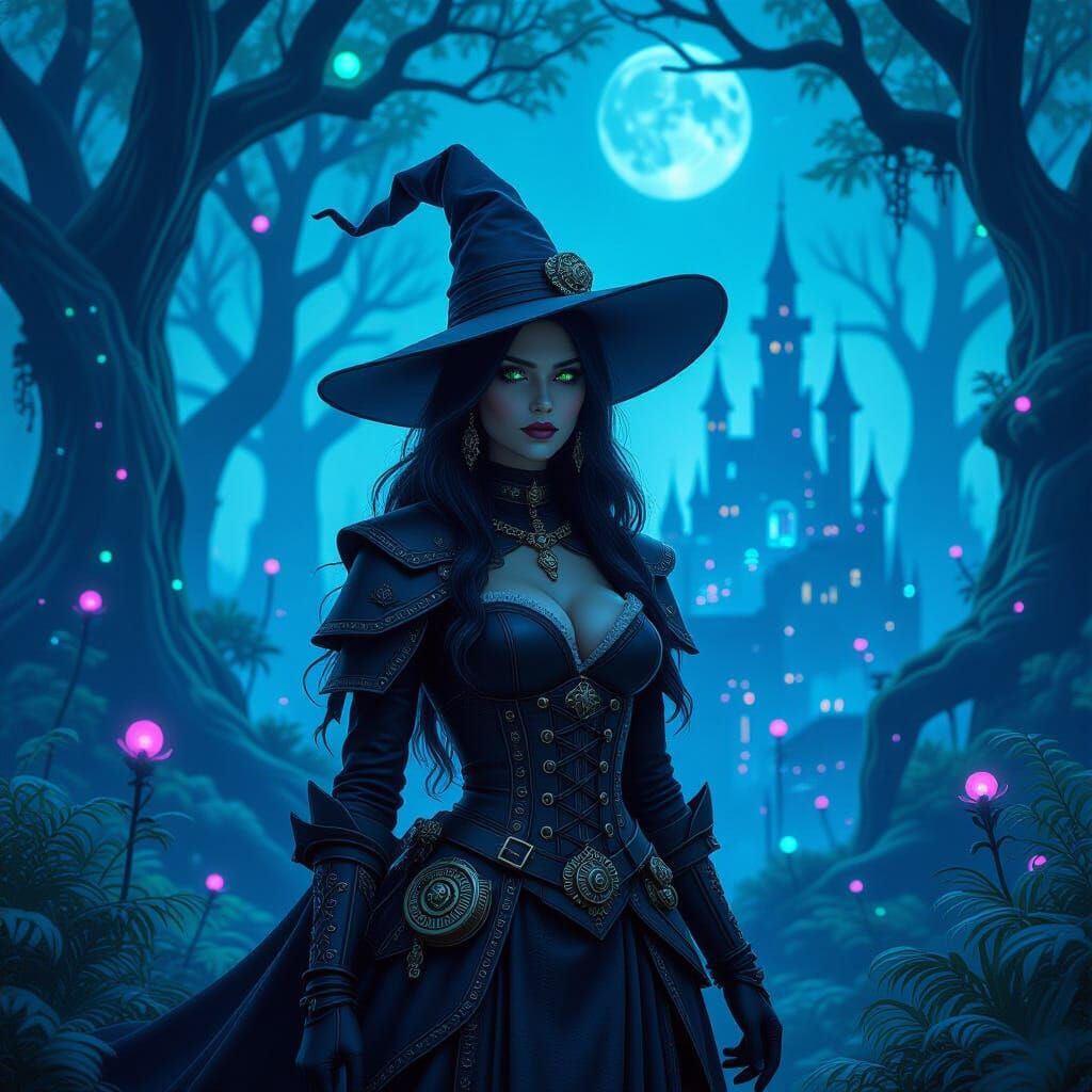 Surreal Sci-Fi Steampunk Witch in Bioluminescent Forest