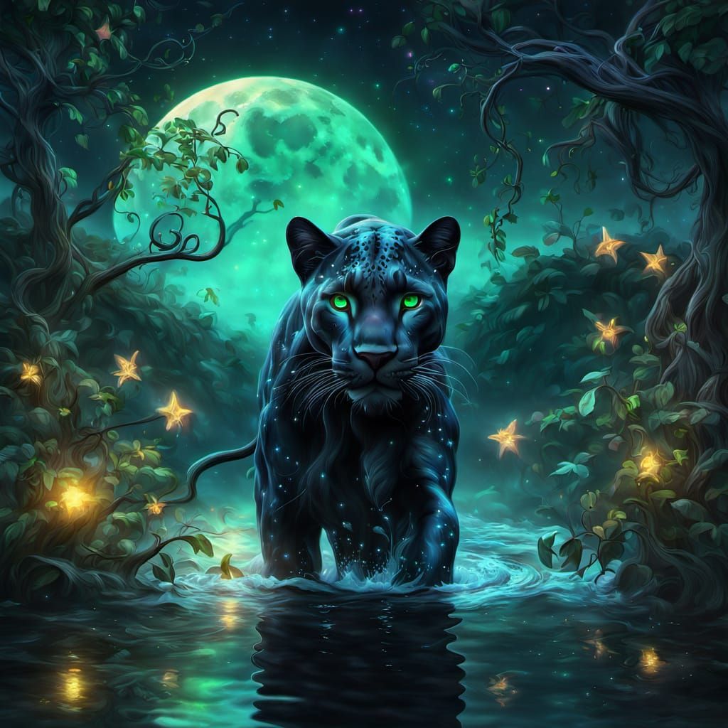 Panther-Dryad Prowls on Water: Surrealist Oil Painting