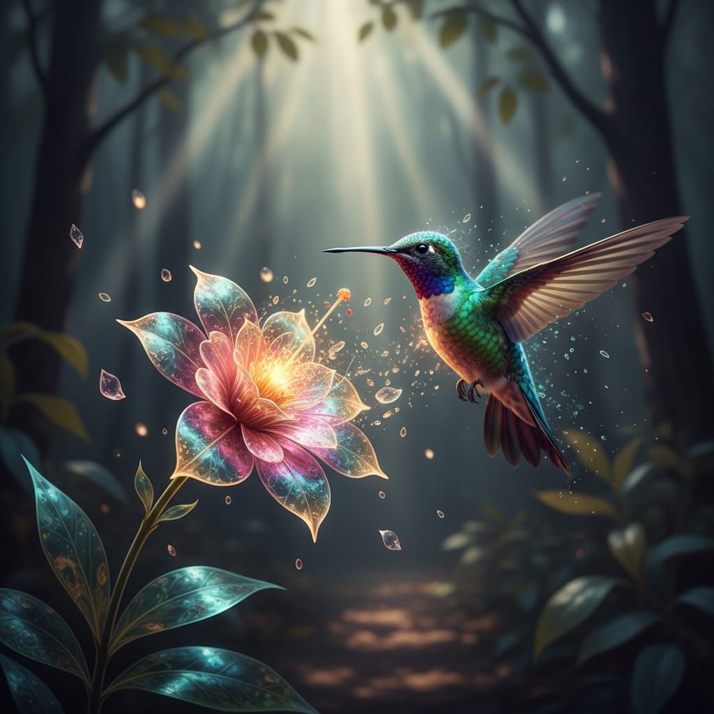 Vibrant Hummingbird Near Flower, Ethereal Disintegration Sty...