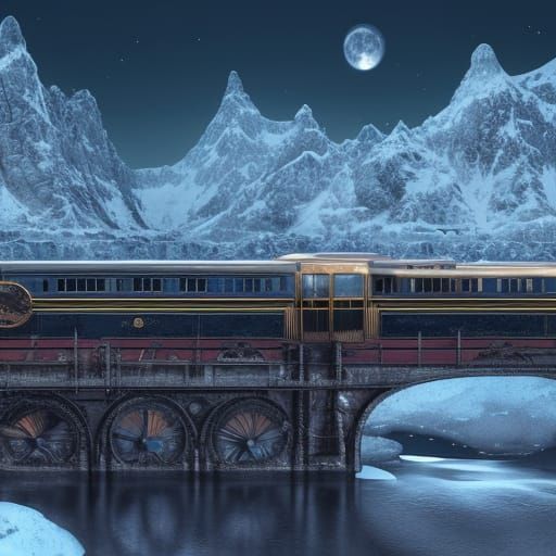 Steampunk Train on Snowy Bridge in Moonlight