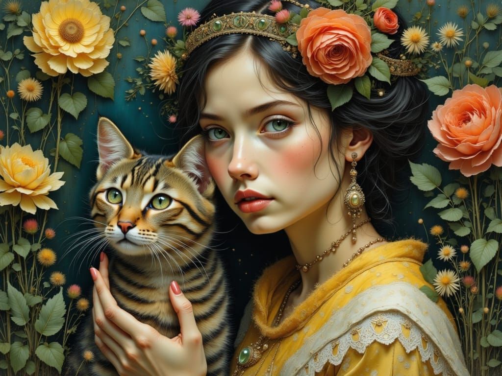 Girl with Cat in Tempera Jungle Portrait