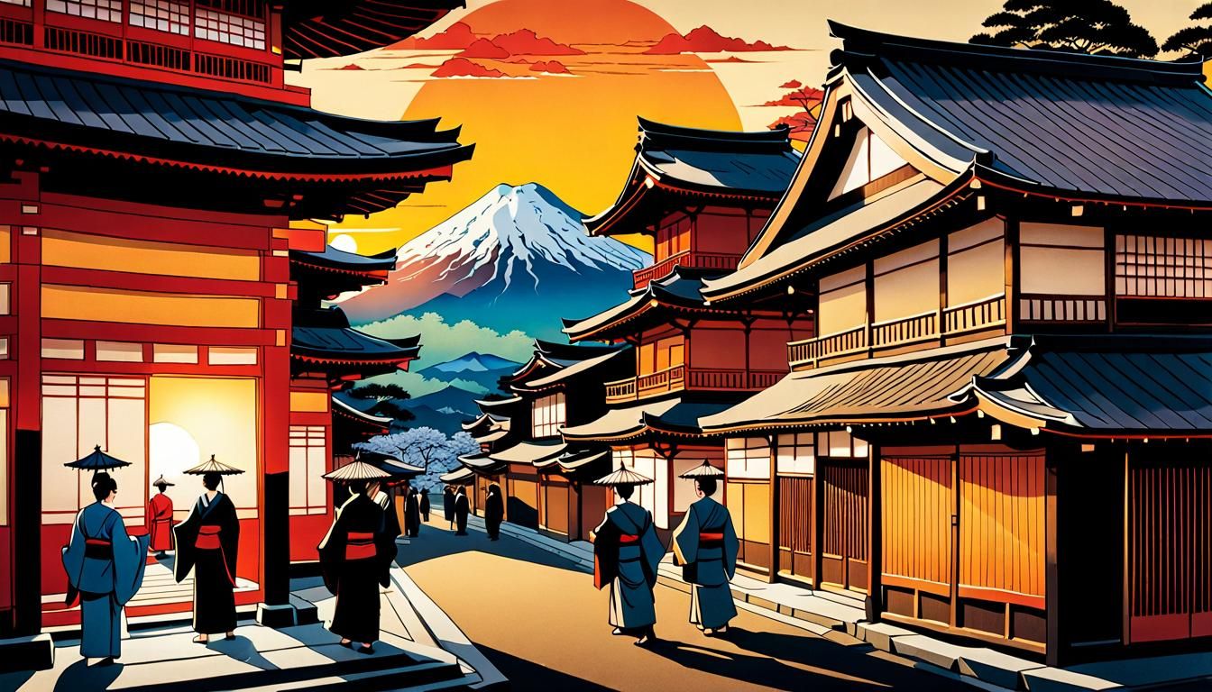 Mount Fuji and Japanese Street in Ukiyo-e Style
