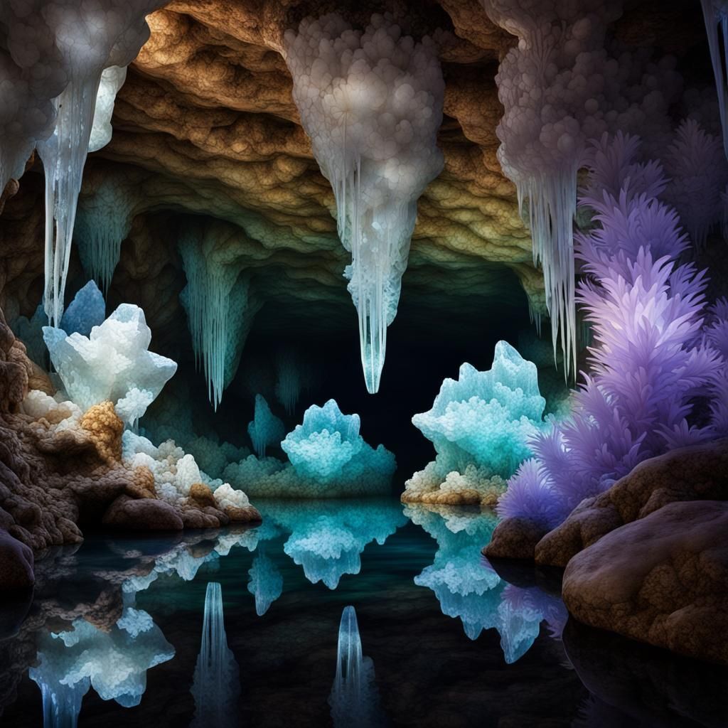 Mystical Crystal Cave with Glowing Flora