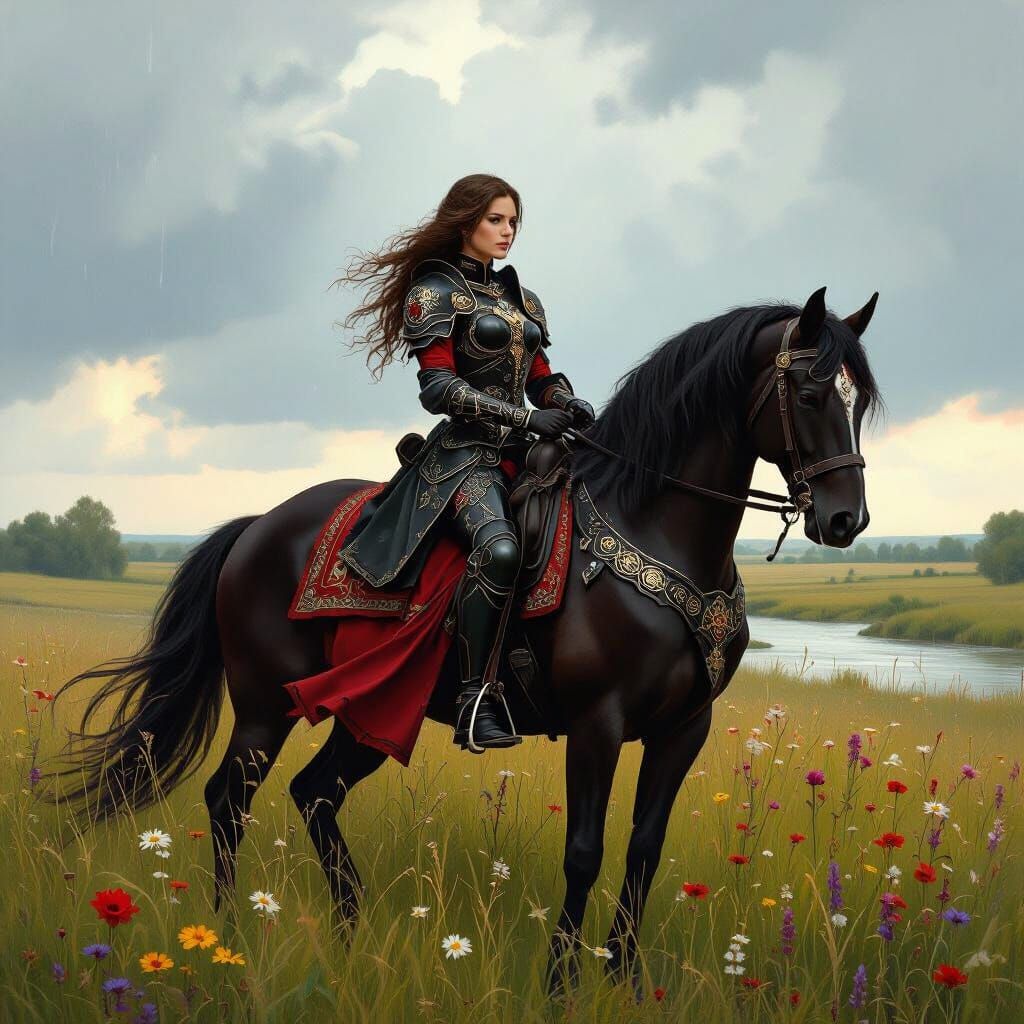 Blackwood Woman on Destrier in Art Nouveau Style