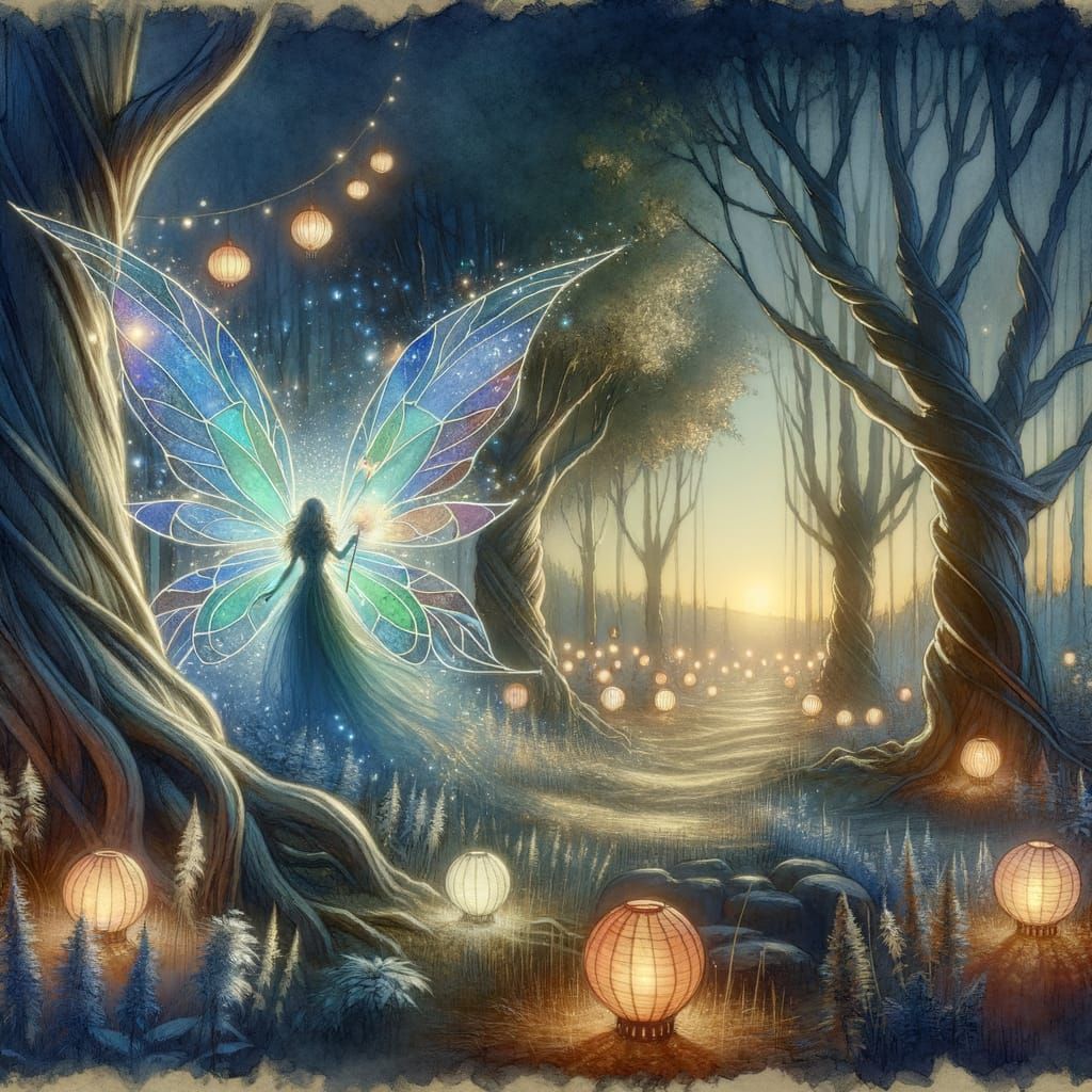 Enchanting Fairy in Twilight Forest with Stained Glass Wings