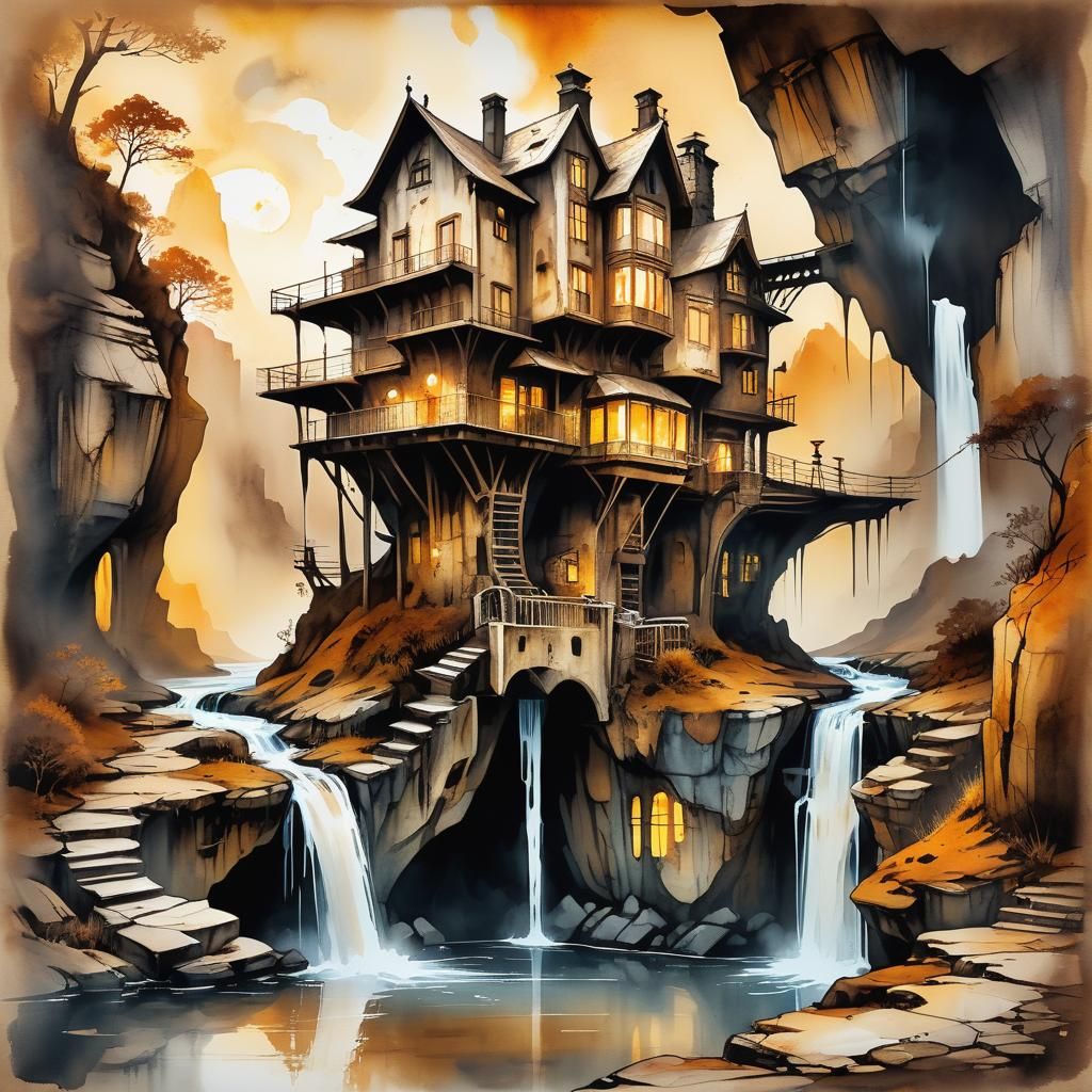 Cliffside Steampunk House in Ink Painting Style