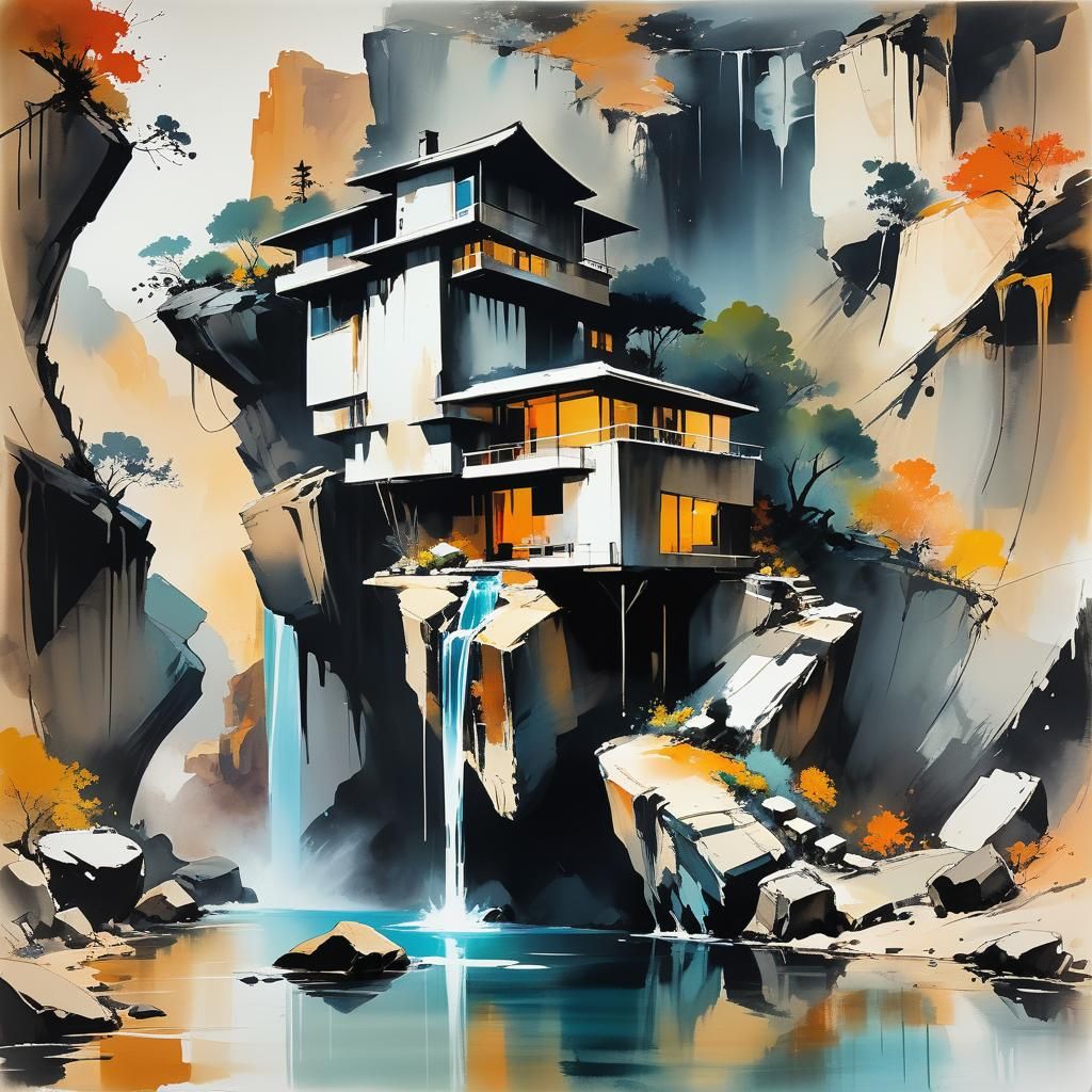 Majestic Cliffside Mansion Overhangs Serene Waterfall