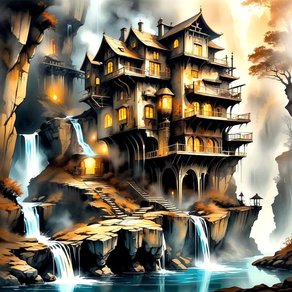 Cliffside House with Steampunk and Magical Elements