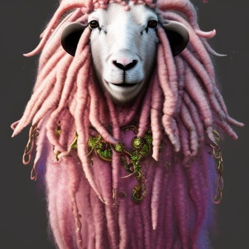 Sheep with Pink Dreadlocks: Detailed Fantasy Art