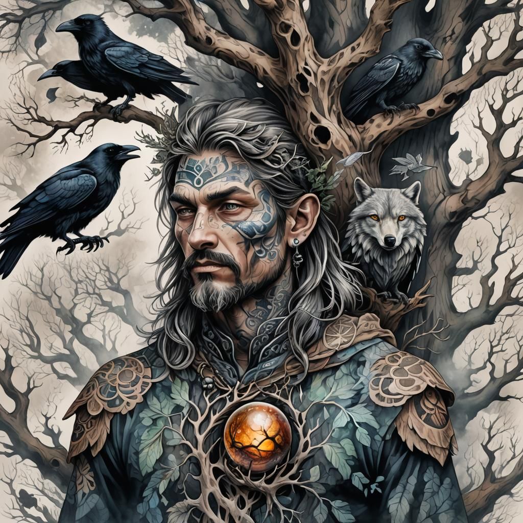 Druid Portrait with Tattoos and Magic in Mixed Media