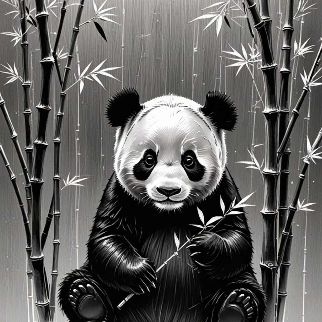 Silver Graphite Gelatin Panda Among Bamboo