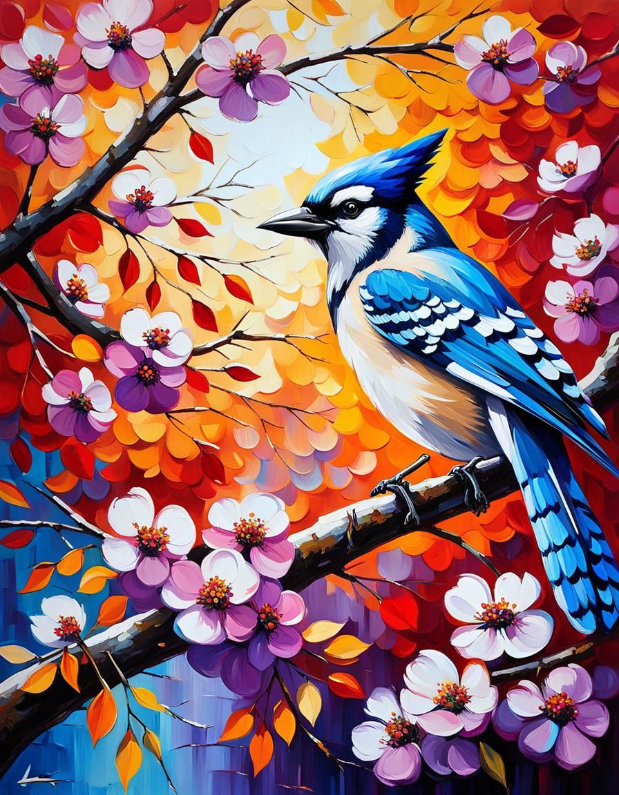 Blue Jay in Cherry Tree: Expressionist Oil Painting