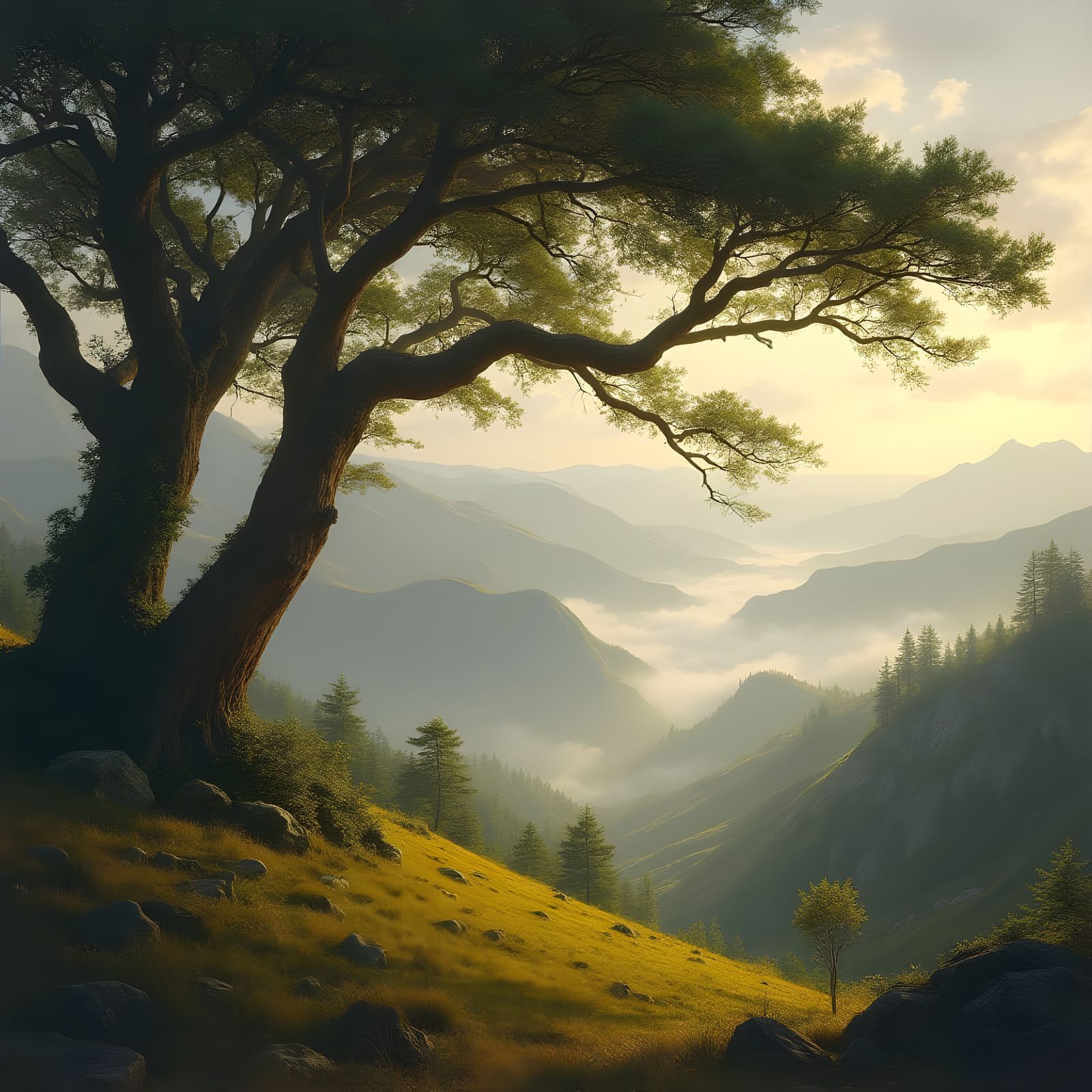 Majestic Trees in Golden Light Amidst Rugged Mountains