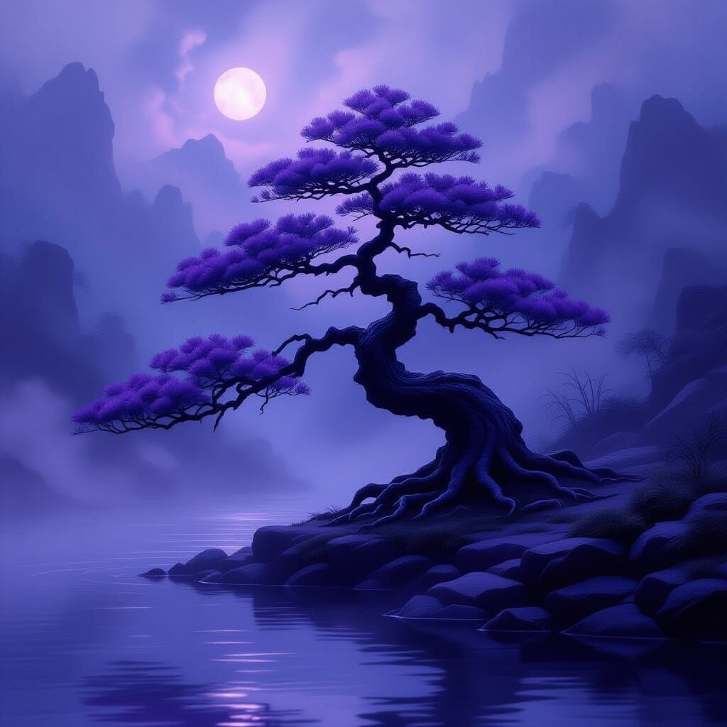 Mystical Purple Bonsai in Ethereal Mist