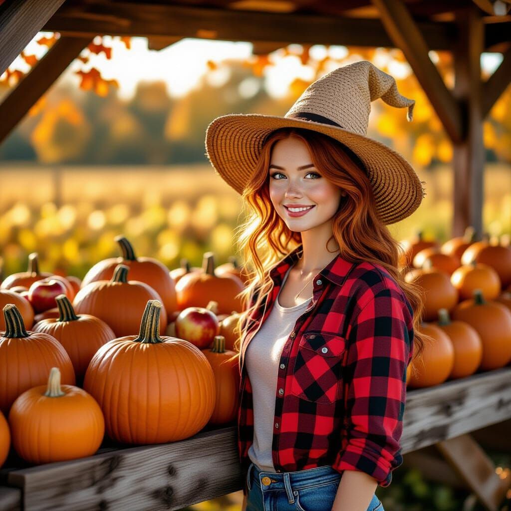 Autumn Farm Girl at Rustic Farm Stand
