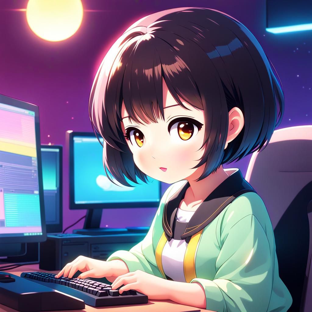 Chibi Woman at Computer in Moe Anime Style