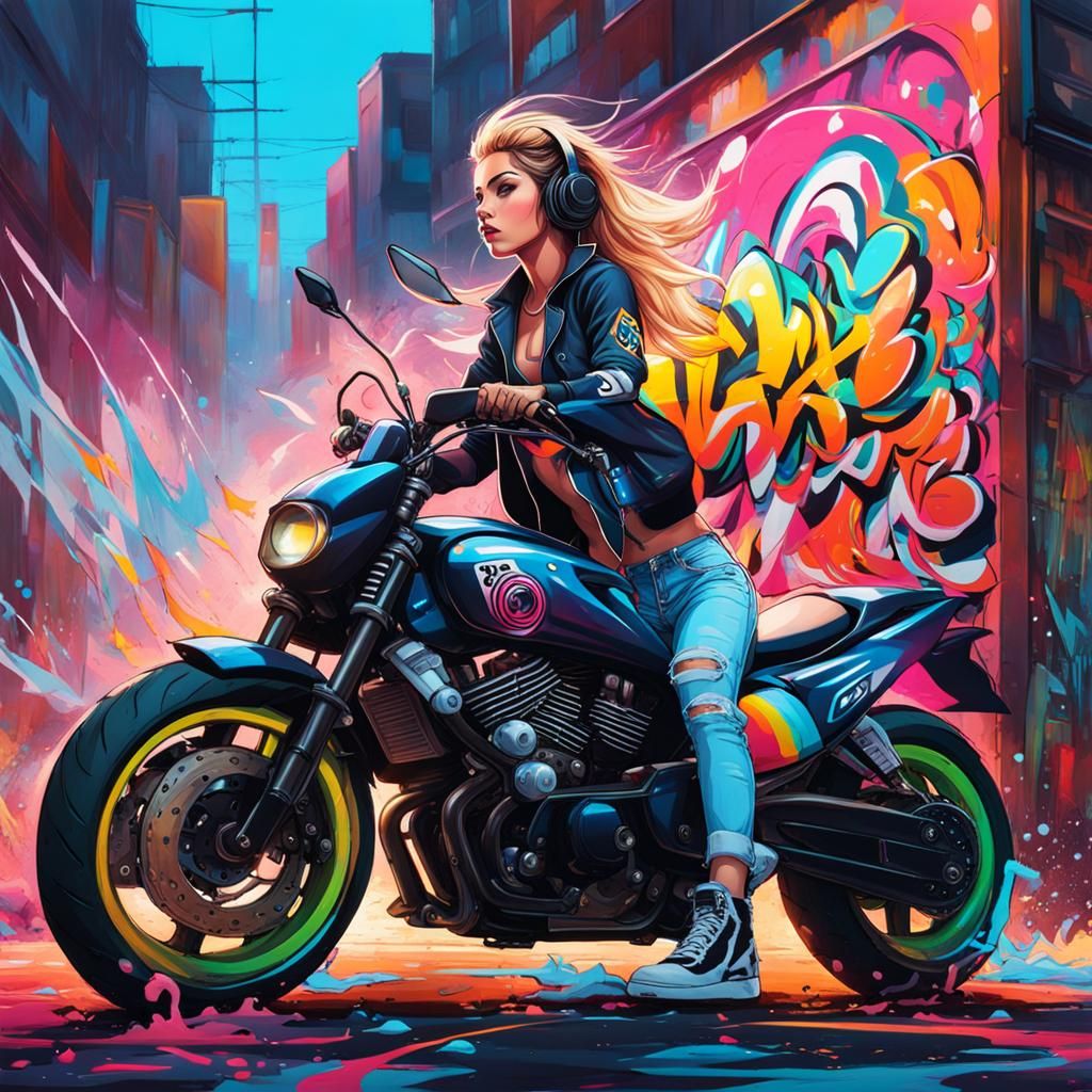 Tomboy on Motorcycle: Graffiti Art Style