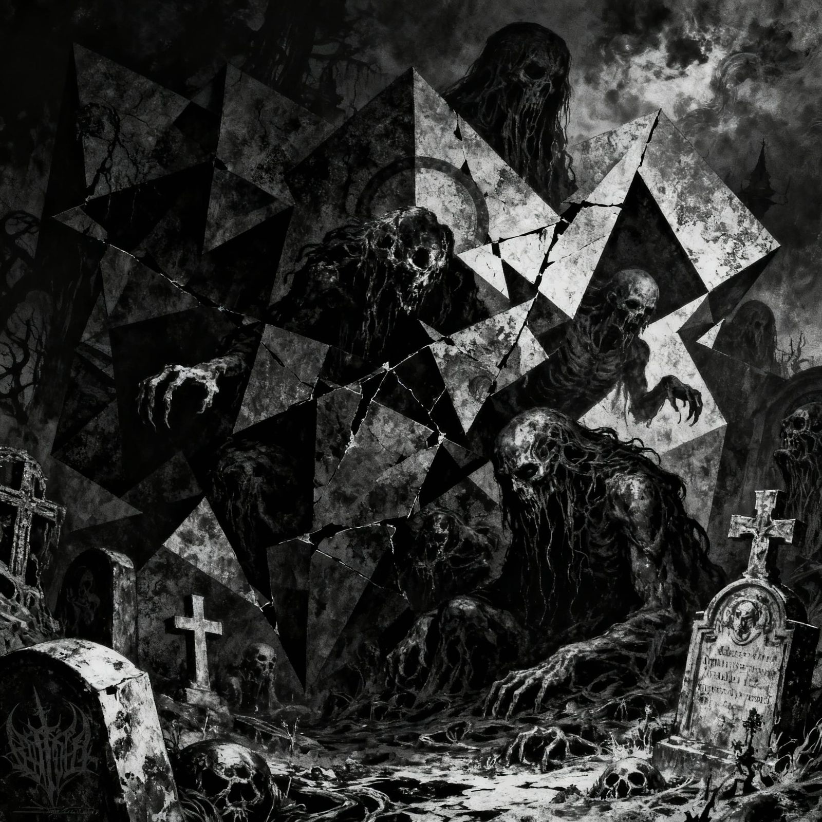 Creepy Abstract Horrors in Black and White Album Art Style