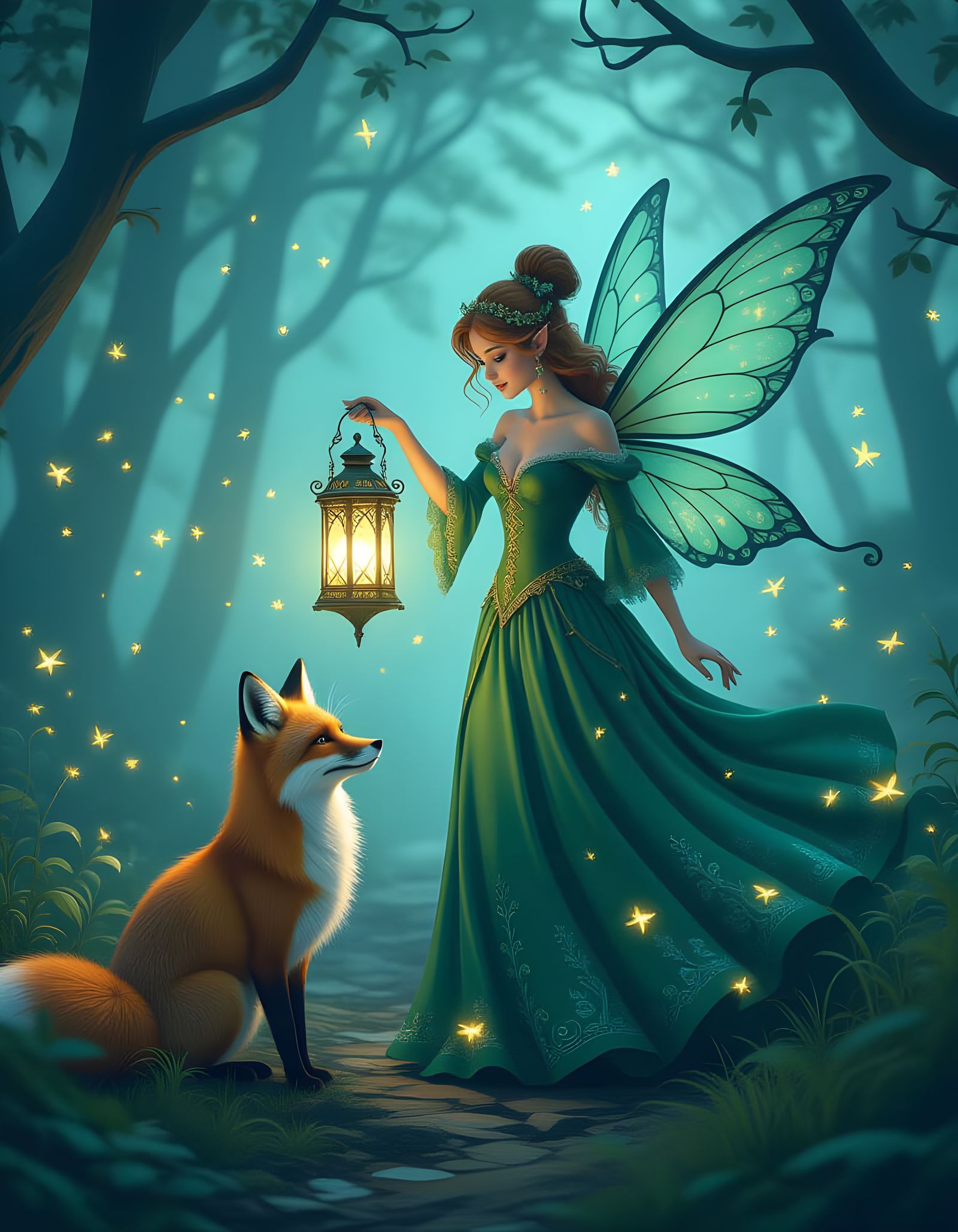 Enchanted Forest Fairy Guides Fox with Lantern