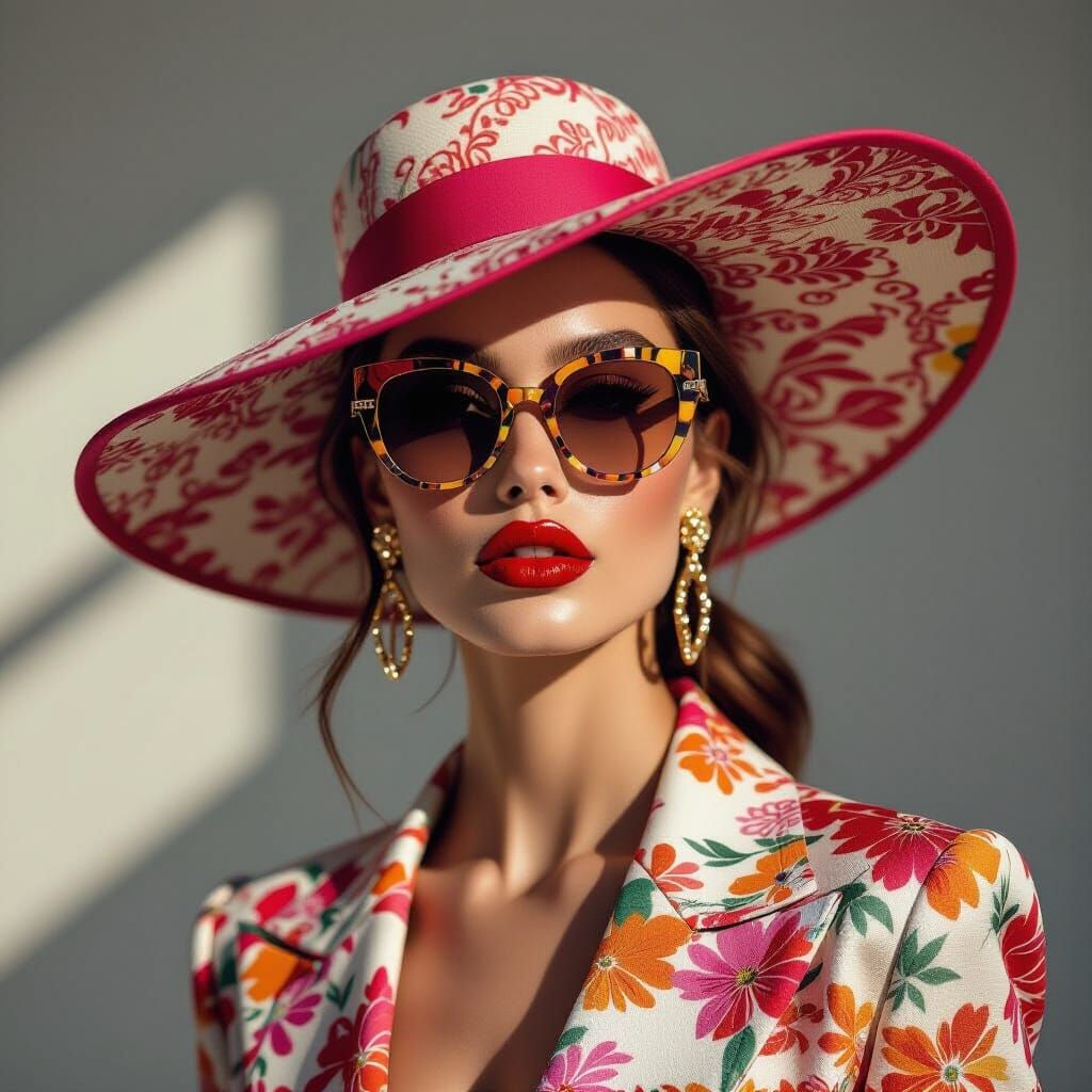 Chic Woman in Avant-Garde Hat and Stylish Outfit