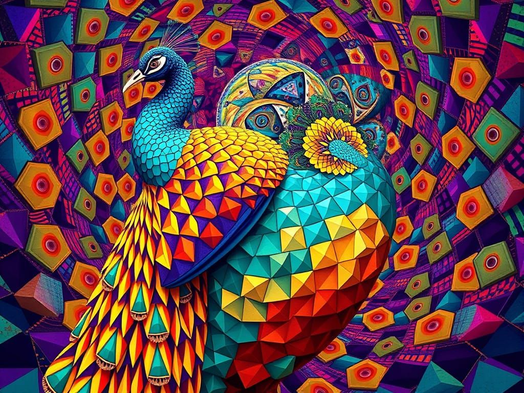 Majestic Geometric Peacock in Vibrant Tessellations
