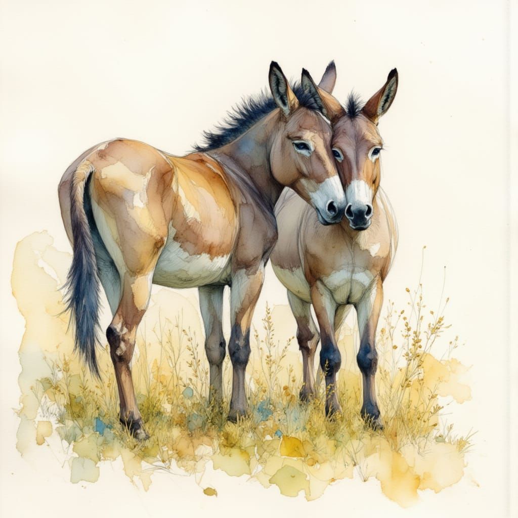 Donkeys Snuggling in a Field - Watercolor and Pencil Style