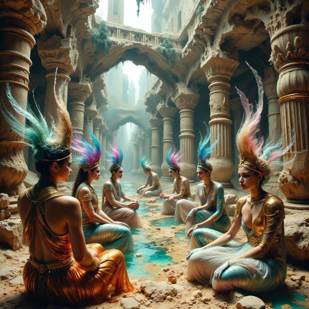 Surreal Sumarian Council in Dreamlike Landscape