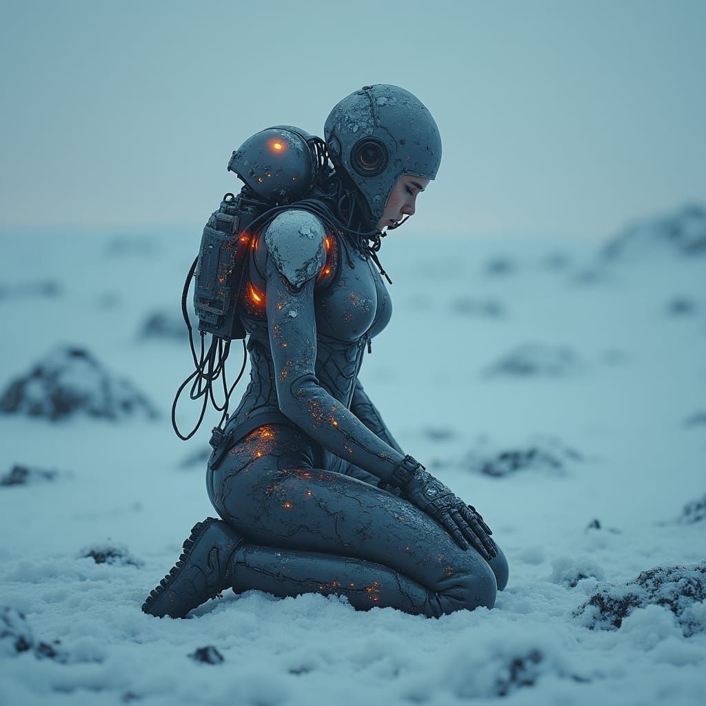 Cyberpunk Female Warrior in Desolate Snowscape