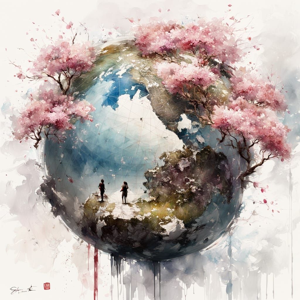Watercolor Globe with Cherry Blossoms, Fine Art