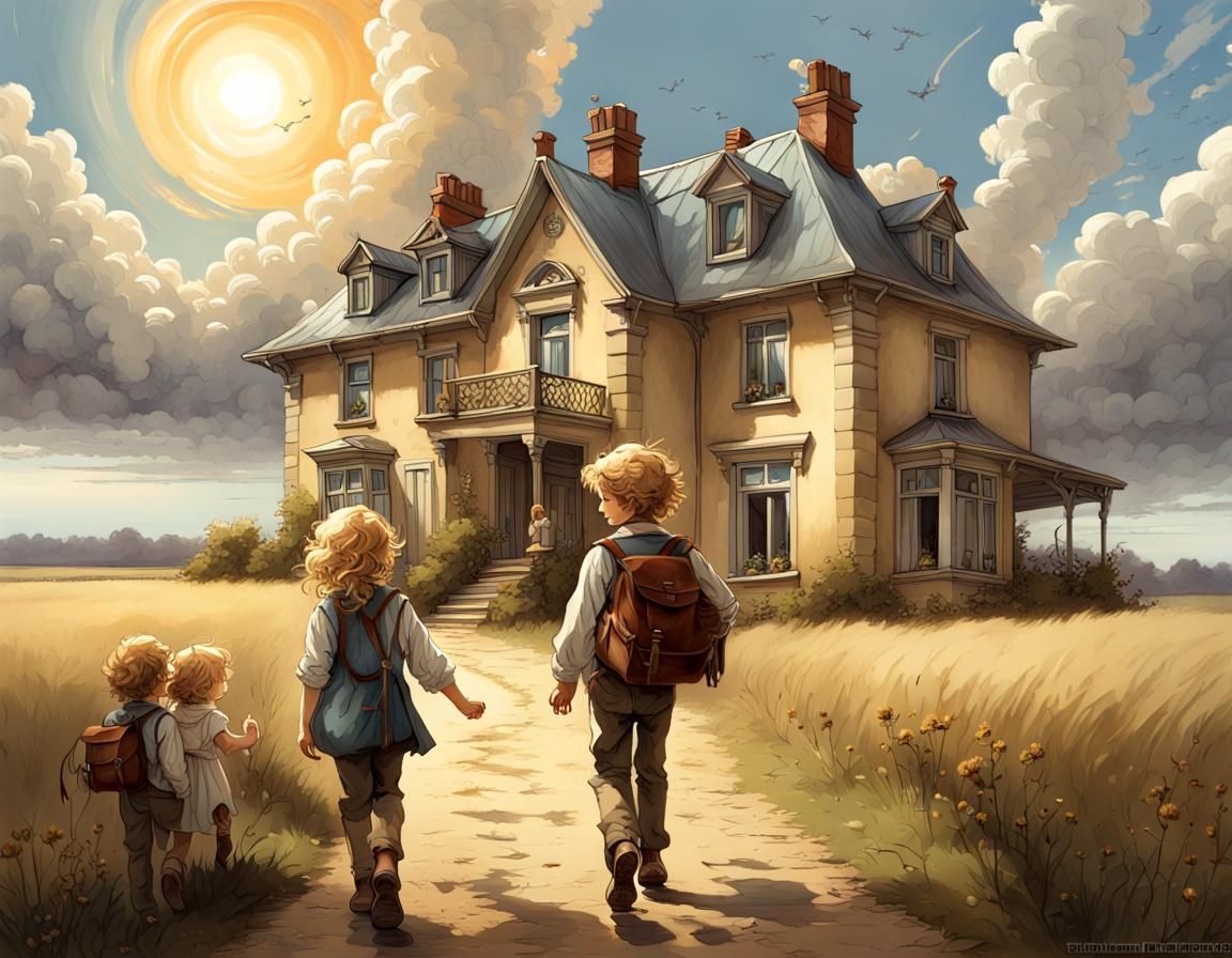 Victorian Children Walk Towards Sunlit Adventure