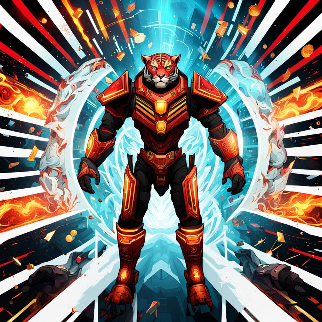 Cyberpunk Tiger Emerges from Holographic Flames
