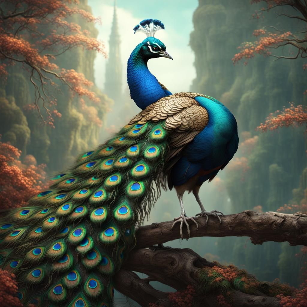 Peacock on Branch: Detailed Fantasy Concept Art