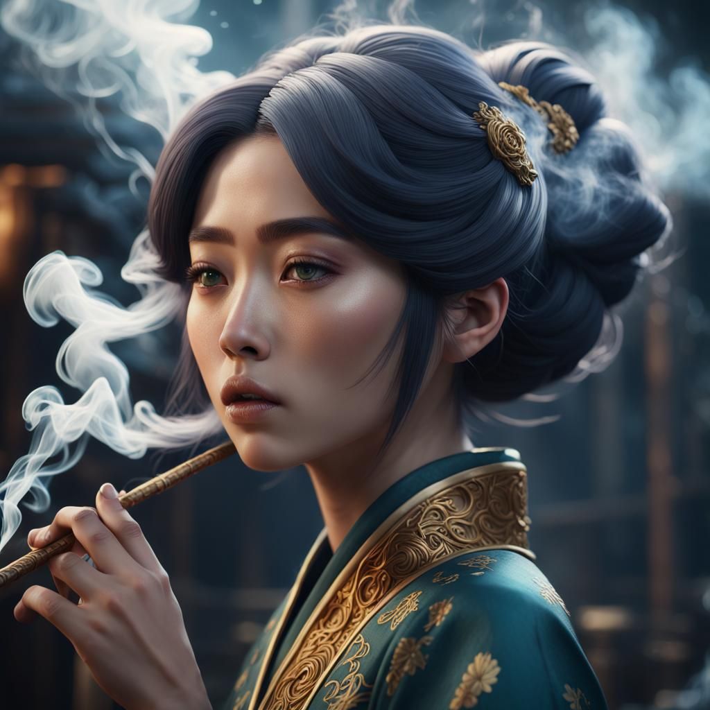 Mysterious Asian Girl Smoking Kiseru Pipe