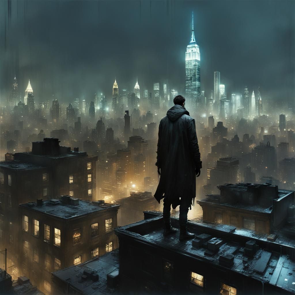 Mysterious Figure in Cyberpunk New York Cityscape