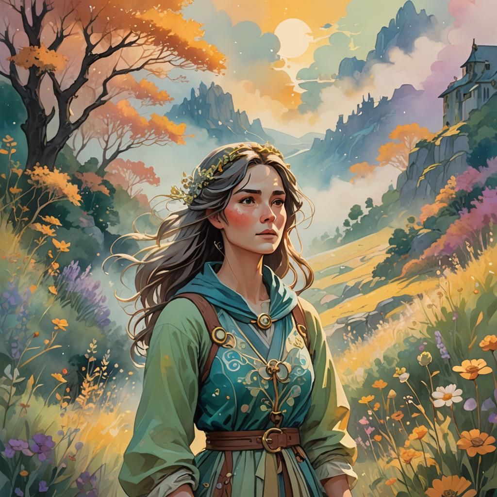 Sage-Inspired Woman in Fantasy Landscape, as Comic Art