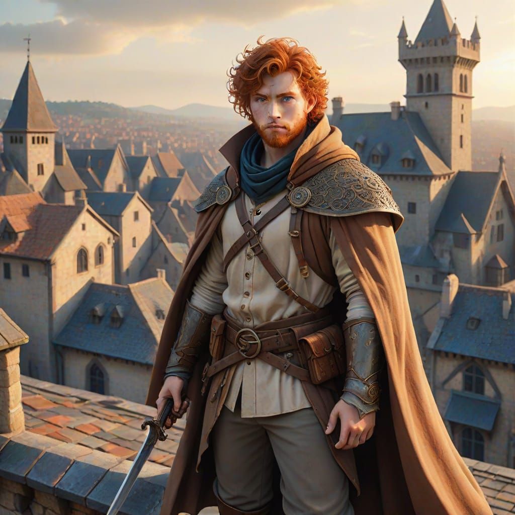 Medieval Hero Standing on Rooftop in Golden Hour