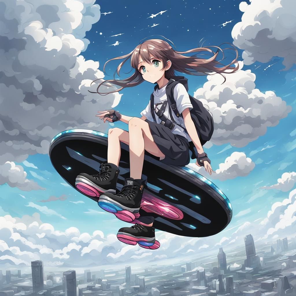 Shape Shifter Girl on Hoverboard in Anime Style