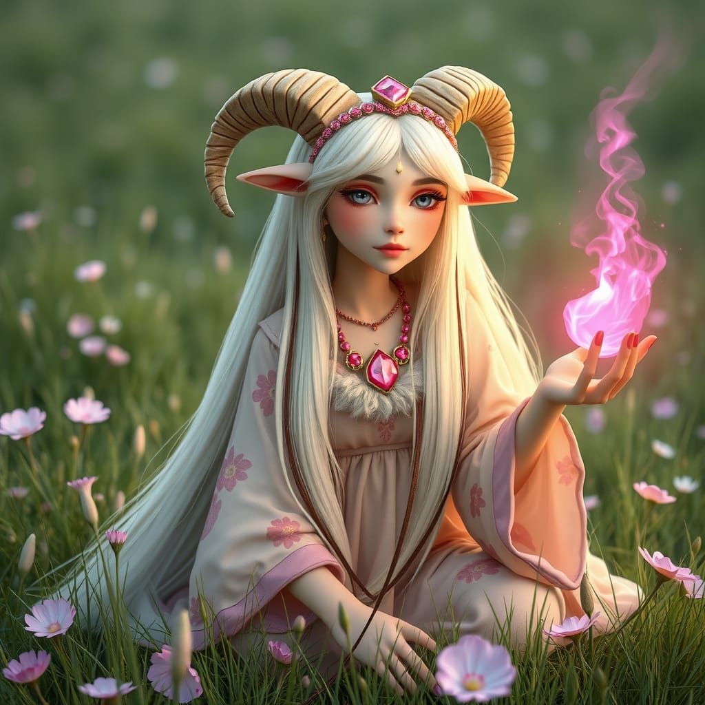 Sheep Fae Woman in Whimsical Fantasy Field