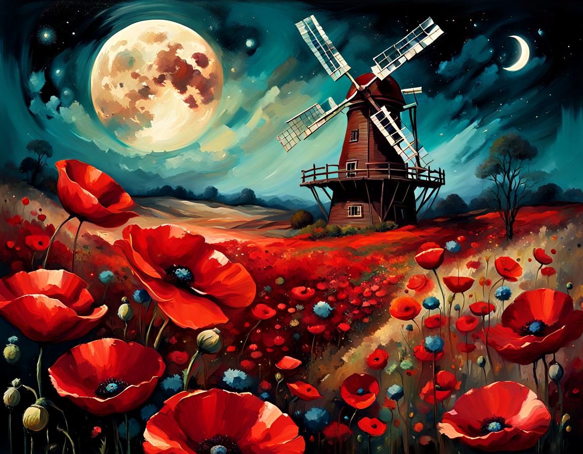 Crimson Poppies Field in Vintage Oil Painting Style
