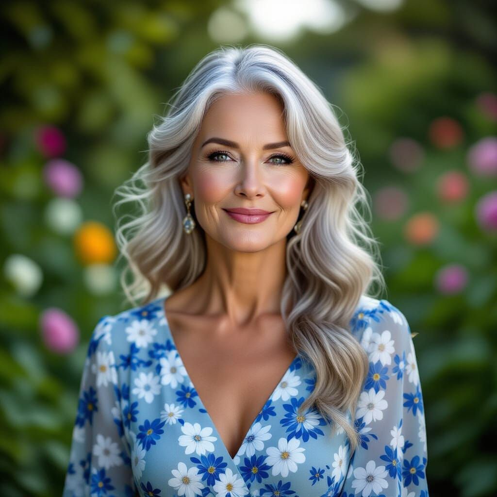 Motherly Woman in Flowery Dress in Moonlit Garden
