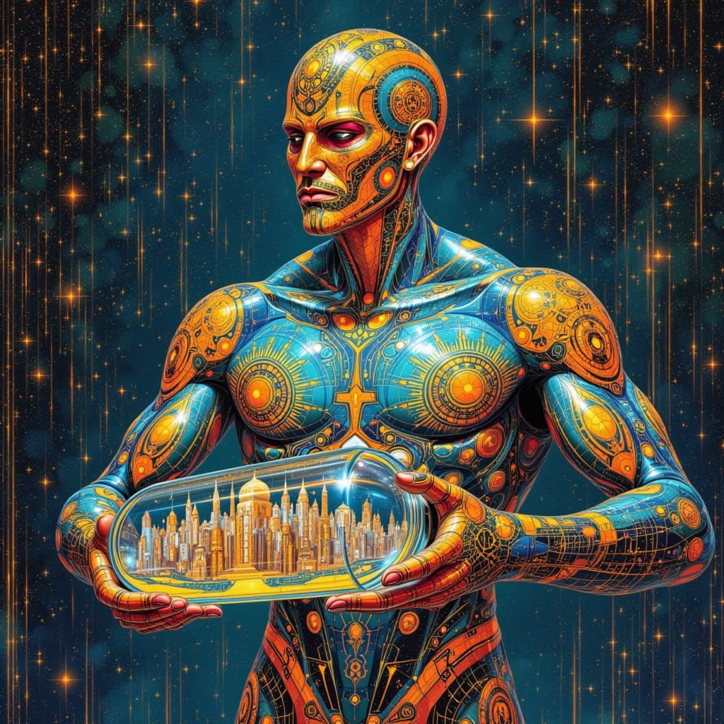 Glass Warrior Holding Fantastical City in Klimt Style